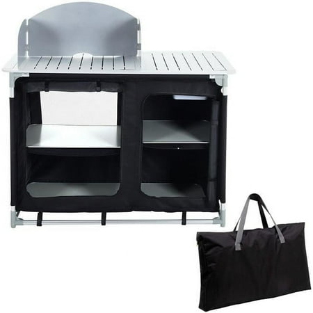 VEVOR Aluminum Portable Camping Kitchen Detachable Windscreen Storage Organizer & Carrying Bag, Outdoor Grill Station for Picnic BBQ & Backyards, Black
