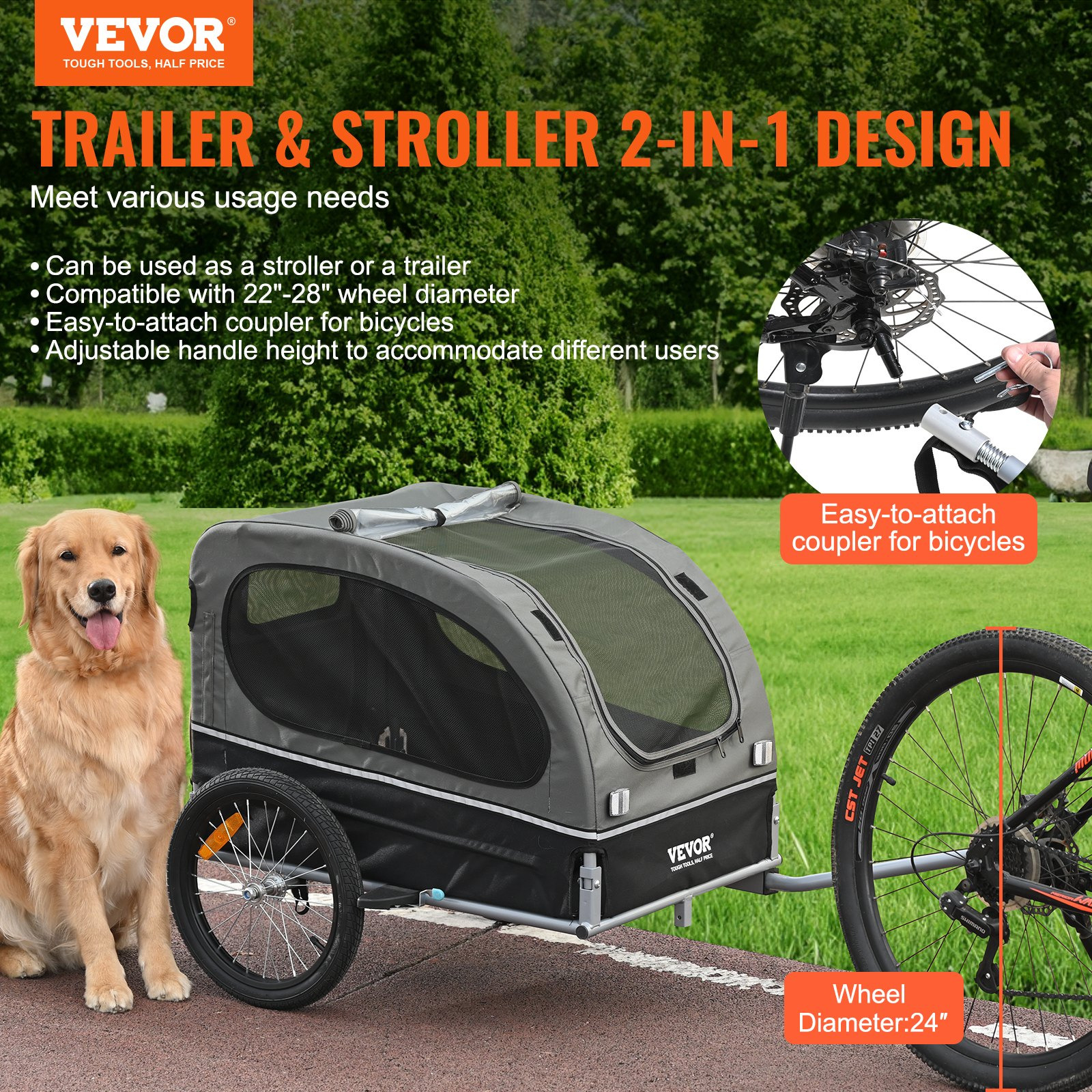 Vevor TCTCLYSCWZXCSF5IBV0 Dog Bike Trailer - Supports up to 88 lbs, 2-in-1 Pet Stroller Cart Bicycle Carrier - Black & Gray