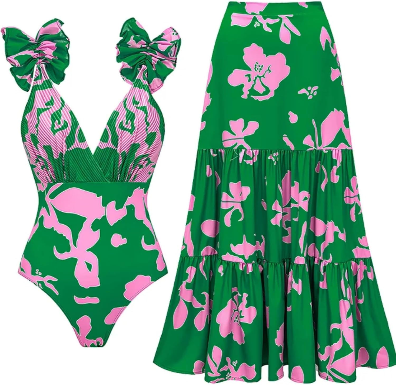 Vevri Swimsuit Matching Skirt V-Neck One Piece Set, Waisted Bikini ...