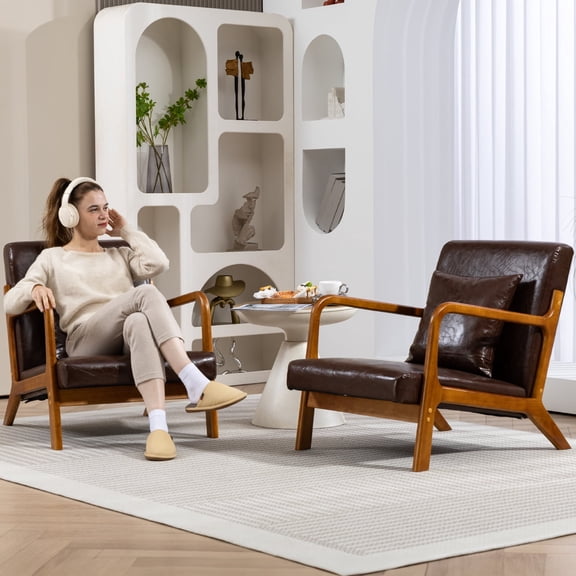 Vewiner Modern Accent Chair with Wood Frame,Upholstered Armchair with Lumbar Pillow,Mid-Century Lounge Chair for Living Room, Bedroom, Balcony,Set of 2