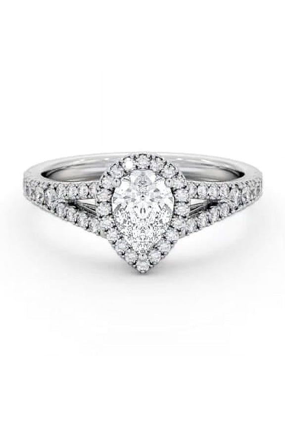 1.6 Ct Pear Cut Lab Created Diamond Ring - Split Shank Halo Design Ring - 14K White Gold Plated Ring - Elegant Engagement Ring for Women - Perfect Proposal Gift for Special Occasions