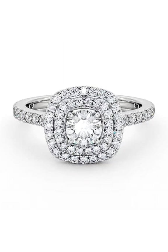 1 Ct Round Cut Lab Created Diamond Ring - Double Halo with Cathedral Shank and 4 Prong Setting - 14K White Gold Plated Rings - Engagement and Wedding Diamond Rings - Birthday Gift