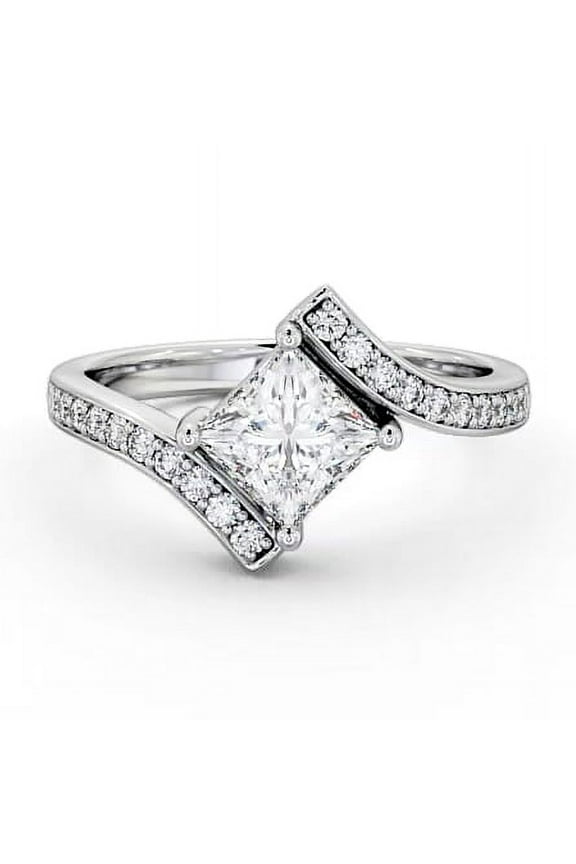 14K White Gold Plated 2 Ct Lab Created Diamond Ring - Dazzling Princess Cut Solitaire with Accent Ring - Beautiful Bypass Design for Women's - Ideal Engagement Wedding Ring for Women's
