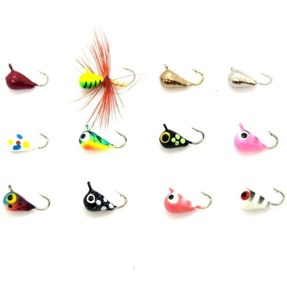 Vexan 12-Pack Tungsten Ice Fishing Jigs Glow & Multi-Color (1.1g, 4 mm, #14 Hook)