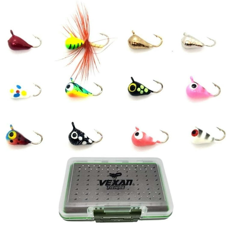 Vexan 12-Pack Tungsten Ice Fishing Jigs w/Free Jig Box Red/Yellow/Gold/Silver/Wonderbread/Green/Black/Pin 1.1g GlowFAB14HKBox