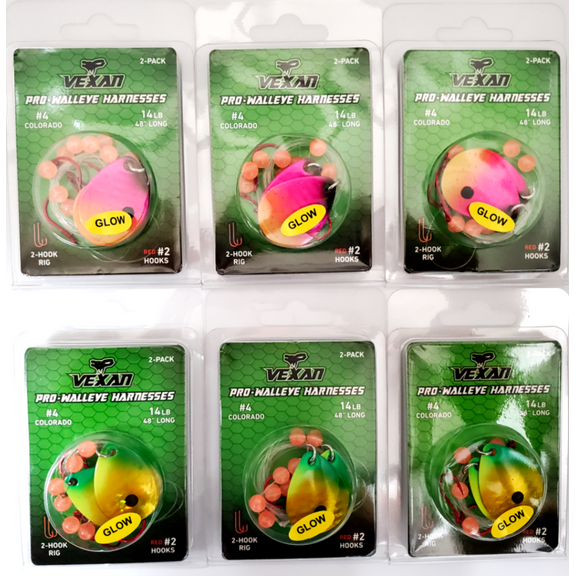 Vexan Two-fer Six 2-Packs (12 Total) Glow Walleye Crawler Harnesses, Crazy Corn/Fire Ant