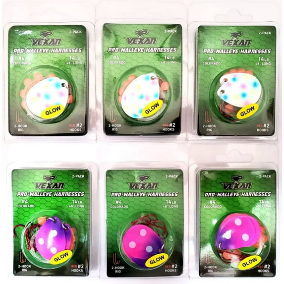 Vexan Two-fer Six 2-Packs (12 Total) Glow Walleye Crawler Harnesses, Wonderbread/Slug Bug