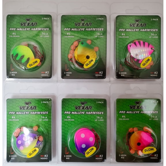 Vexan Variety #5, Six 2-Packs (12 Total) Glow Walleye Crawler Harnesses