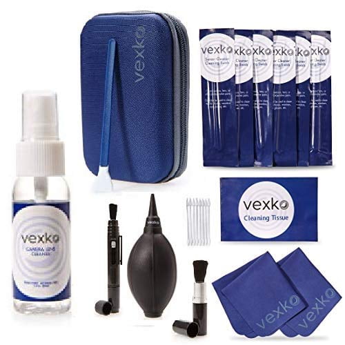Vexko Camera Cleaning Kit for DSLR Cameras | Traveling Pouch + Camera Lens Cleaner Solution, Wipes + Microfiber Cleaning Cloths + Air Blower Nozzle + Sensor Cleaning Tissue + Swabs + Lens Pen + Brush