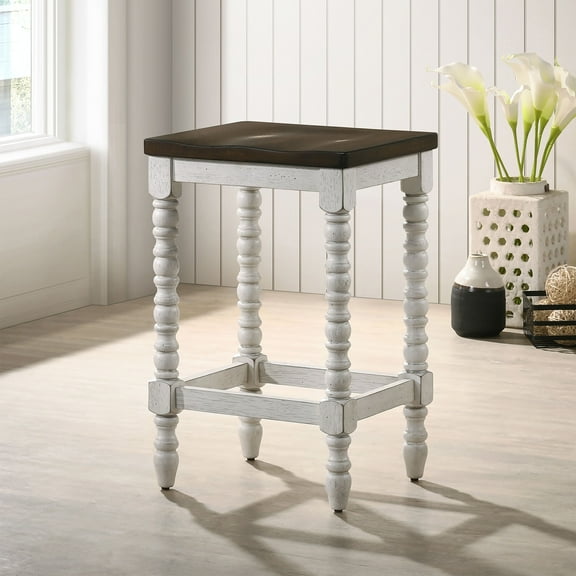 Vexl Solid Wood Counter Height Stools, Set of 2, Dark Walnut and Antique White