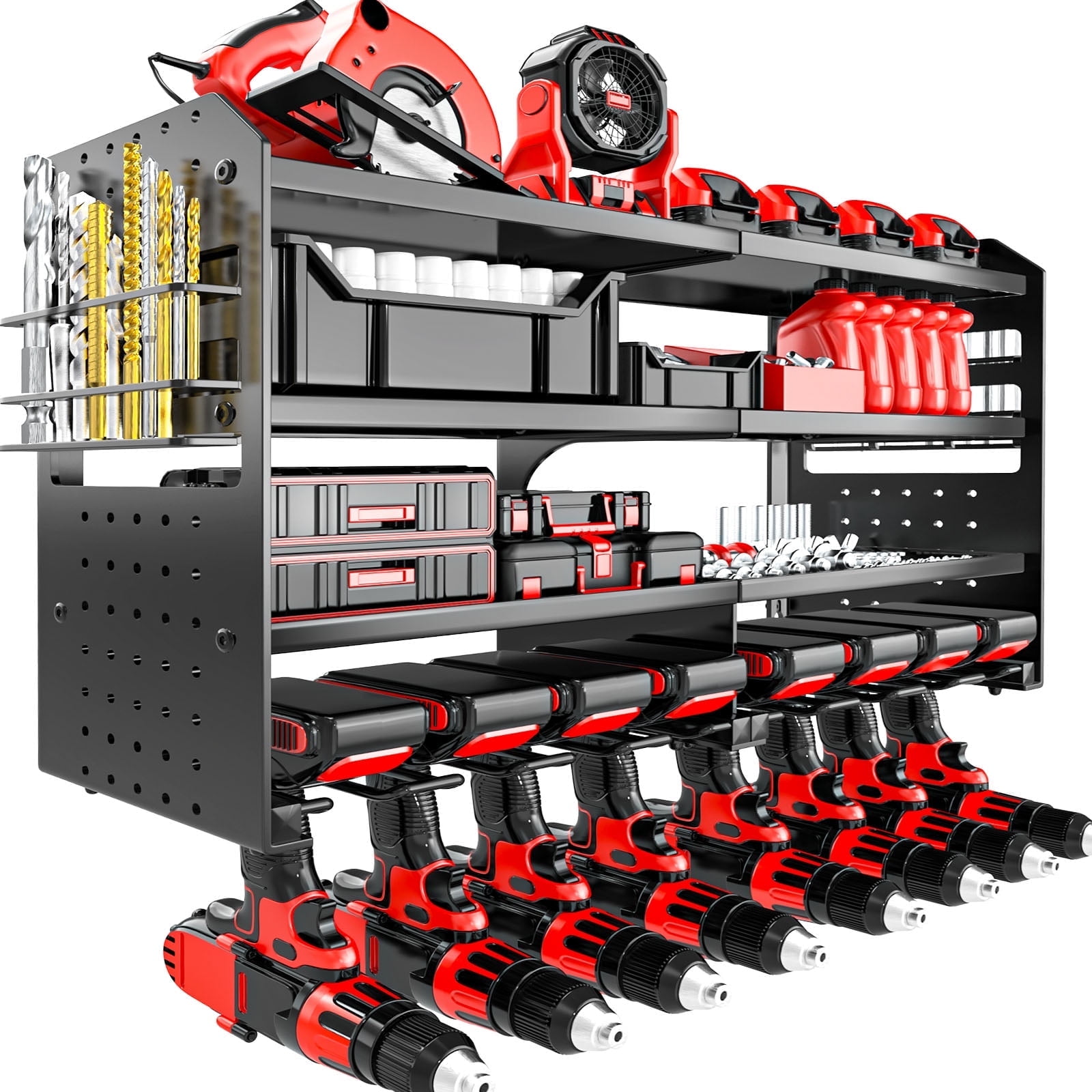 VeyFolzin.st Power Tool Organizer Wall Mount, Metal 4 Layer Heavy Duty Metal Power Tool Storage Rack, Garage Drills Storage Shelves with Screwdriver Holder Plier Holder