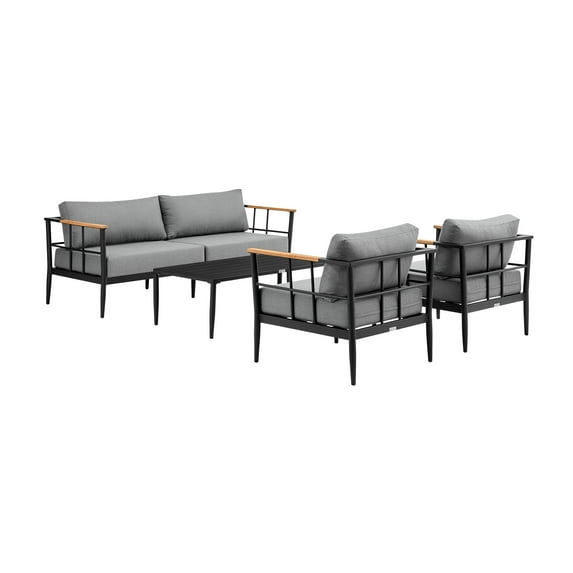 Veyda Aluminum and Teak Wood Outdoor Sofa in Black and Dark Gray