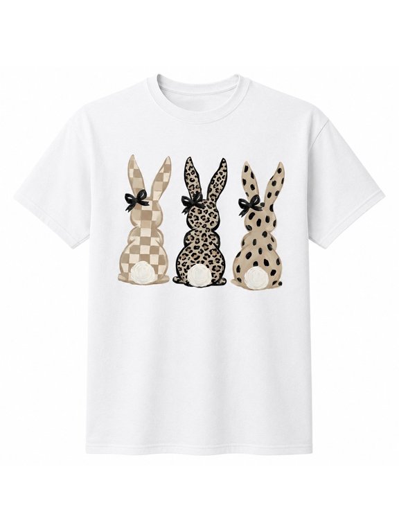 Easter Bunny Graphic Leopard Checkered Dot Pattern Bunnies Coquette Bow T-Shirt Unisex Cotton