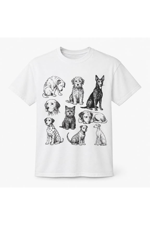 Vintage Dog Breeds Graphic, Retro Sketch Dog Lovers Tee, Unisex Cotton, Comfort Colors Blank