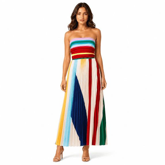 Veyora Apparel Women’s Strapless Colorblock Pleated Maxi Dress, Rainbow Smocked Tube Top Summer Dress
