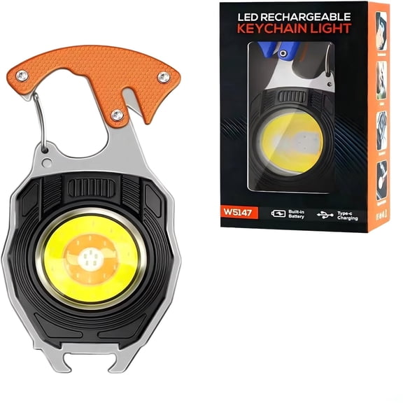 Veztira Multifunctional Keychain Flashlight Tool, Portable Pocket Work Light with Bottle Opener, Screwdriver & Folding Bracket, 7 Light Modes for Camping, Emergency & Outdoor(Orange)