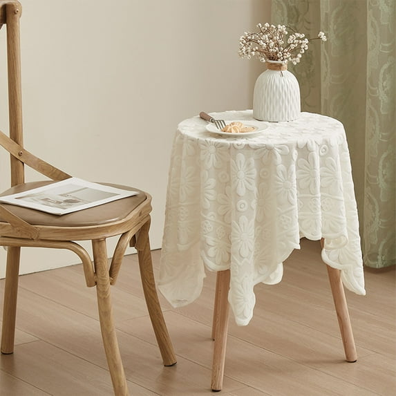 Vfedsrsge Beige 36x36 Inch Polyester Tablecloth with White Lace Trim - Wrinkle Resistant, Machine Washable - Indoor Outdoor Use for Dining, Camping, Parties