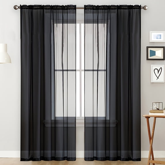 Vfedsrsge Black Sheer Curtains 84 Inch, Rod Pocket Semi Sheer Light Filtering, Polyester Wrinkle Resistant Antistatic, Modern Decorative for Living Room Bedroom