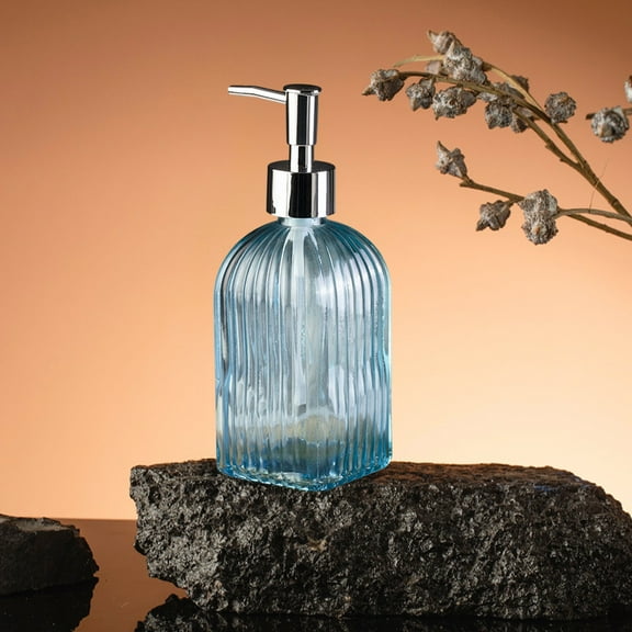 Vfedsrsge Blue Vertical Stripe Glass Soap Dispenser - 350ml Press Pump Refillable Bottle for Bathroom Kitchen - Eco-Friendly Thick Glass Hand Soap Shampoo Shower Gel Dispenser