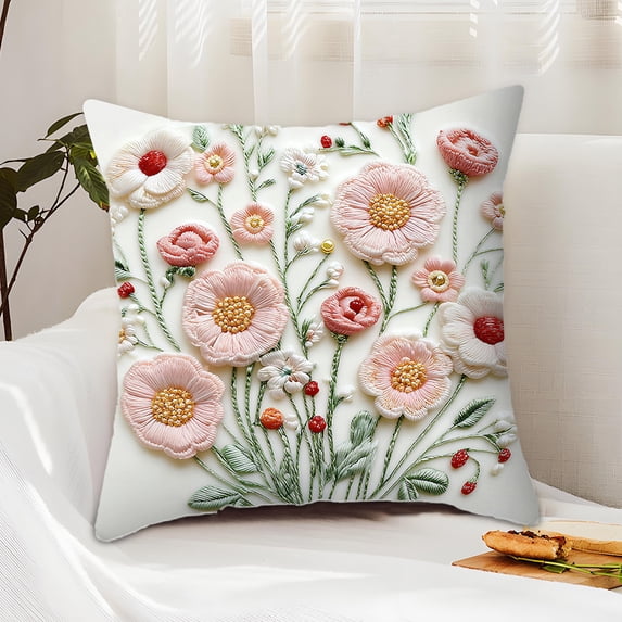 Vfedsrsge Faux Embroidery Printed Linen Pillow Cover - 18x18 Inch (45x45cm) Multicolor Decorative Pillowcase for Sofa, Bed & Living Room, Soft Comfortable Support