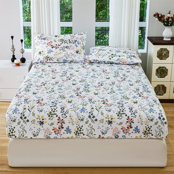 Vfedsrsge Full Size Non-Slip Fitted Sheet with Mattress Protector, Polyester Floral Multicolor, Stretchable Deep Pocket for Kids, Foam/Adjustable Mattresses, Machine Washable