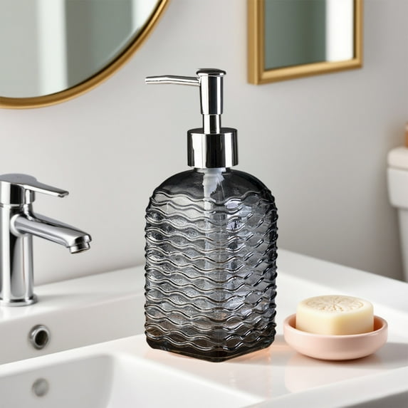 Vfedsrsge Gray Glass Liquid Soap Dispenser - 350ml Press Type, Wave Pattern, for Bathroom & Kitchen - Reusable, Non-Toxic, Ideal for Shampoo, Shower Gel & More