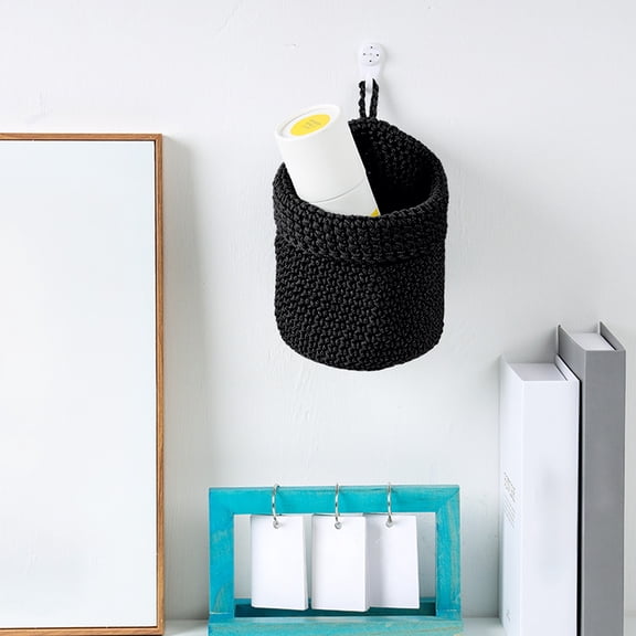 Vfedsrsge Hanging Cotton Rope Storage Basket - Handmade Woven Wall Mounted Organizer, Black Small Bin for Bedside, Desktop, Keys, Remotes & Small Accessories (5.51x5.12in)