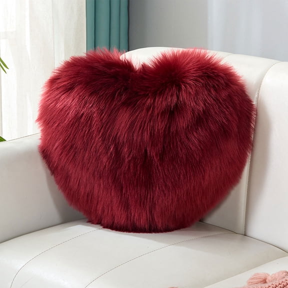 Vfedsrsge Heart Shaped Faux Wool Long Pile Plush Pillow - Wine Red Throw Cushion for Sofa Bedroom (15.75x11.81in)