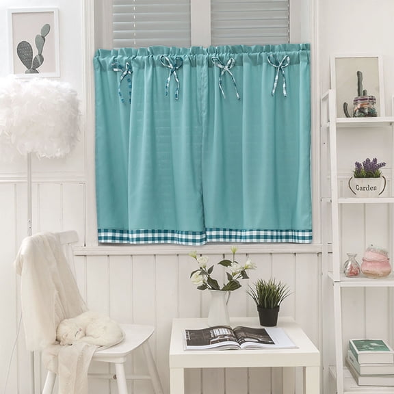 Vfedsrsge Navy Blue Bow Tie Checkered Short Cafe Curtains Rod Pocket Light Filtering Tier 74x61cm