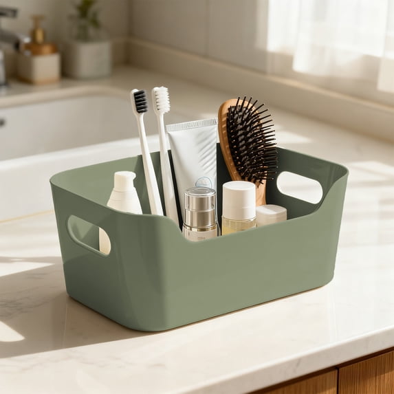 Vfedsrsge Plastic Multi-Purpose Storage Box with Handle - Easy-Clean Organizer for Kitchen & Living Room, Snacks, Utensils & Seasonings, 9.6x6.7x4in Cabinet/Drawer Bin