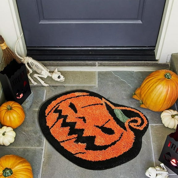 Vfedsrsge Pumpkin Shape Non Slip Bath Mat Halloween Bathroom Rug Fall Harvest Orange Plush Polyester Doormat Machine Washable Small 16x20 Inch