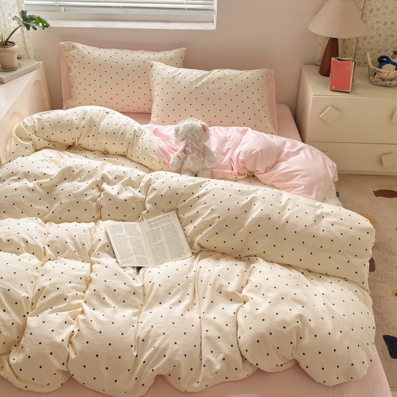 Vfedsrsge Queen Size 4 Piece Pink Girls Bedding Set - Soft Duvet Cover with Fitted Sheet, Pillowcases, Elastic Edge, Non-Fading, Cute Design for Teen Bedroom