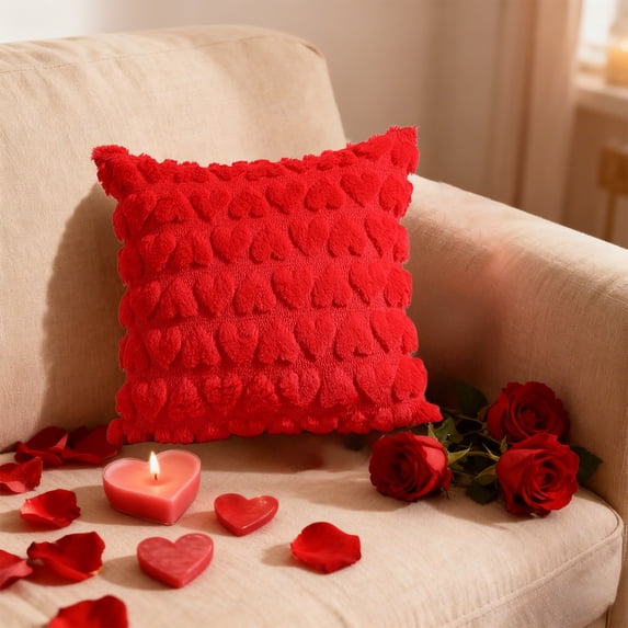 Vfedsrsge Quilted Heart Shaped Throw Pillow Cover Red 15x15 Inch - Washable Polyester Cushion Cover with Invisible Zipper, No Insert for Sofa Bedroom Living Room Home Decor