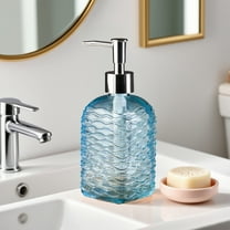 Vfedsrsge Wave Pattern Glass Soap Dispenser - Press Type Liquid Bottle, 350ml Refillable for Bathroom Kitchen, Blue, Decorative Pump for Hand Soap Shampoo Shower Gel