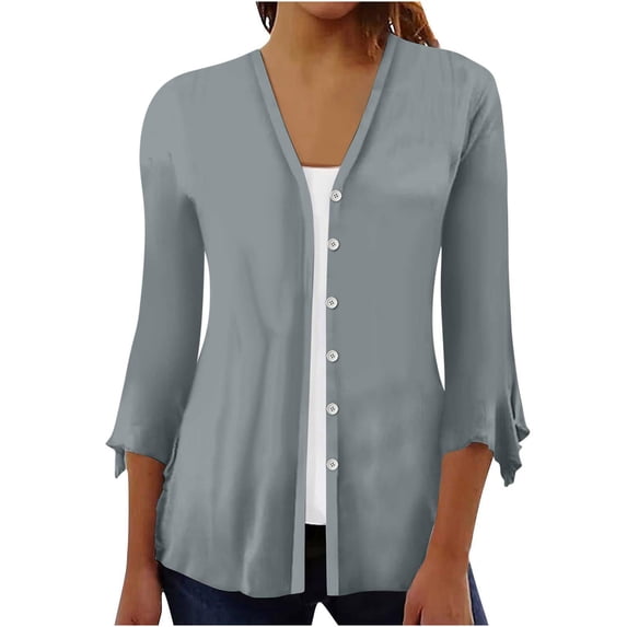VgaVtl 3/4 Sleeve Lightweight Cardigan Gray Plus Size Cardigan Button Casual Loose Tunic Solid Cardigans