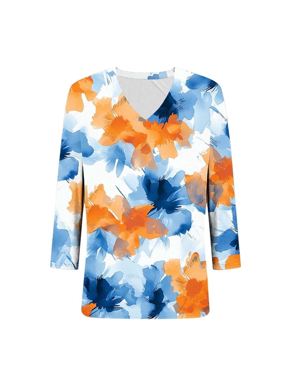 3/4 Sleeve Women T Shirt V-Neck Ladies Plus Size Tops Classy Casual Beach Relaxed Fit Floral Pull on Shirts,Yellow M