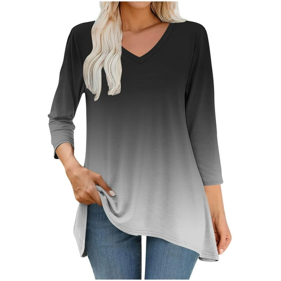 VgaVtl 3/4 Sleeve Women T Shirt V-Neck Tunic Womens Tops Black Casual Loose Gradient Color Basic Shirts,L