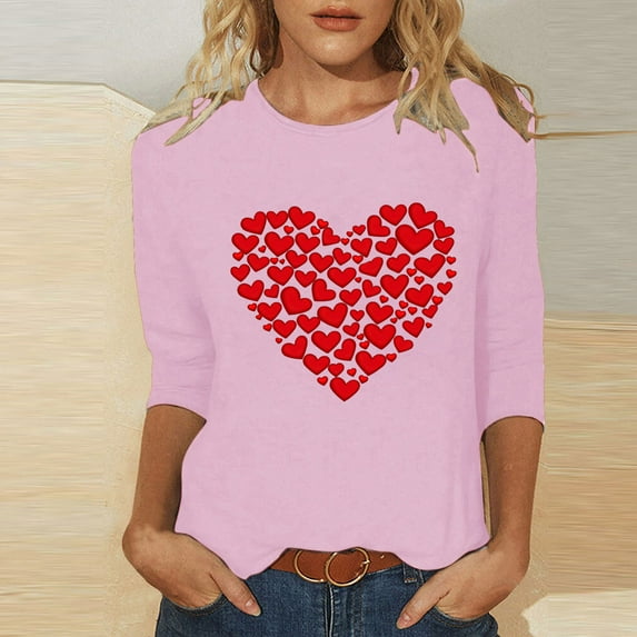 VgaVtl 3/4 Sleeve Womens Plus Size Tee Shirts Pink Tops for Women Plus Size Love Print Romantic Funny Relaxed Fit Casual Tops,XXL