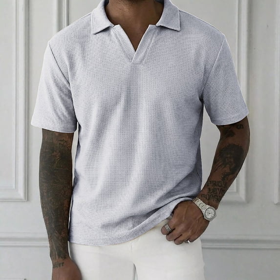VgaVtl Basic Polo Shirt Mens Summer Short Sleeve Leisure Office Waffle Collared Solid Color Men's Tshirt