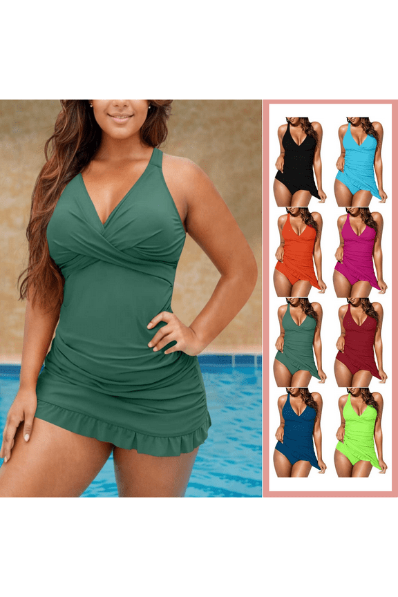 Bathing Suit Women One Piece Racerback Women's Swimsuits Bikinis Ruffled Solid Color with Skirt Swimsuits,Green XL