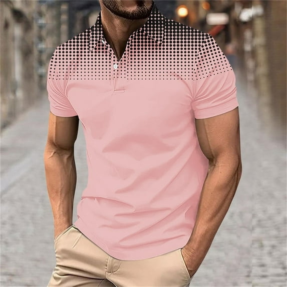 VgaVtl Big and Tall Men's Polo Shirts Short Sleeve Summer Mens Collar Shirts Gradient Color Pink Workout Button Shirts