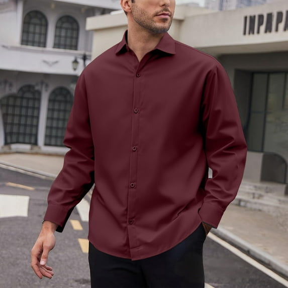 VgaVtl Big and Tall Shirts for Men Red Collared Long Sleeve Tops for Men Casual Loose Solid Color Button Office Shirts,3XL