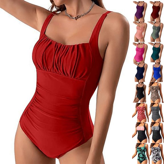 Odbmxy Bikini One Piece Bathing Suit for Women Red Tummy Control Plus Size Bathing Suit for Women Solid Swimsuits