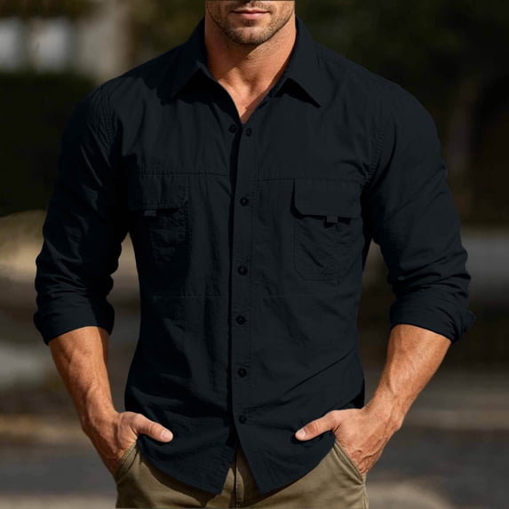 VgaVtl Black Long Sleeve Shirts for Men Fall Winter Collared Quick Drying Going Out Button Slim Mens Plus Size Shirts