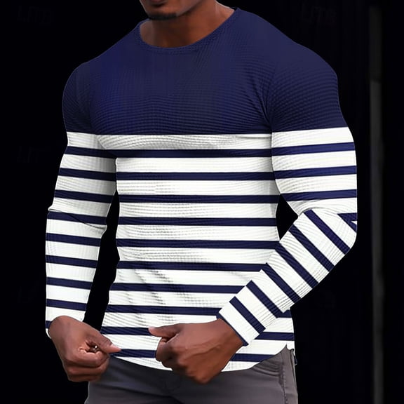 VgaVtl Blue Mens Shirts Long Sleeve Fall Winter Mens Plus Size T Shirts Casual Regular Striped Fitness Stretch Waffle Shirts,M