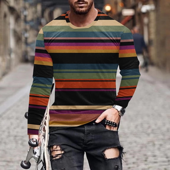 VgaVtl Brown Long Sleeve Shirt Men Fall Winter Mens Plus Size T Shirts Striped Basic Layering Loose Running Casual Shirts,XXL