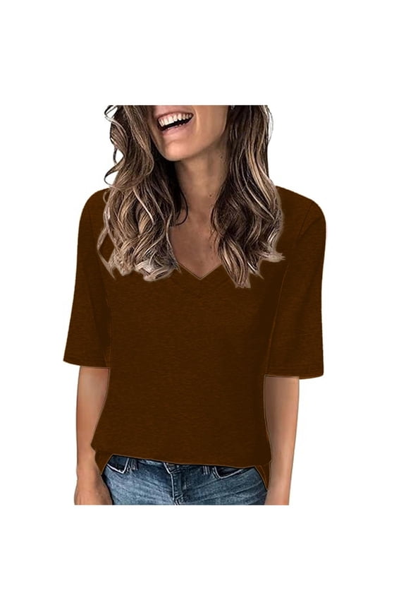 Brown Women's Tops Tees Elbow-Length T-Shirts Womens Plus Size V-Neck Casual Loose Solid Tops
