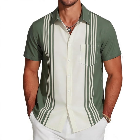 VgaVtl Button up Mens Turn Down Collar Shirts Short Sleeve Summer Office Striped Shirts for Men Casual Daily