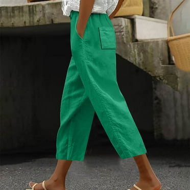 VgaVtl Capris for Women High Waist Cropped Green Wide-Leg Pants Women Casual Pocket Loose Solid Drawstring Pants L