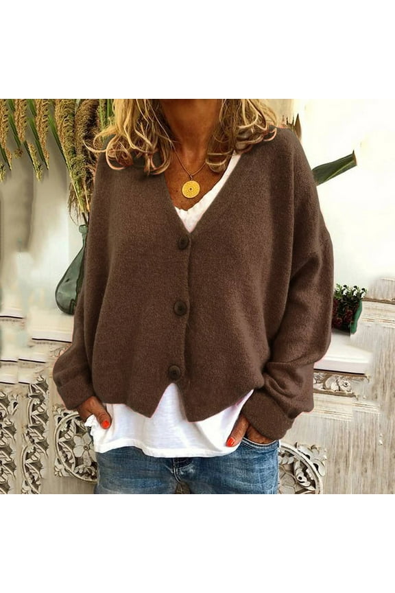 Cardigans for Women Plus Sizes Knit Long Sleeve Brown Sweater Solid Loose Button Casual Cardigans